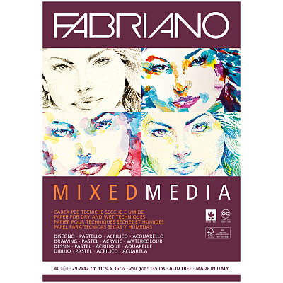 Альбом Fabriano Mixed Media (250г/м.кв белая мелкозернистая бумага 40 листов склейка)