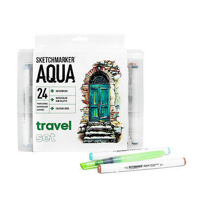 SKETCHMARKER AQUA Color: 24 TRAVEL SET (24 markers + waterbrush + coloring book + blending pallete)